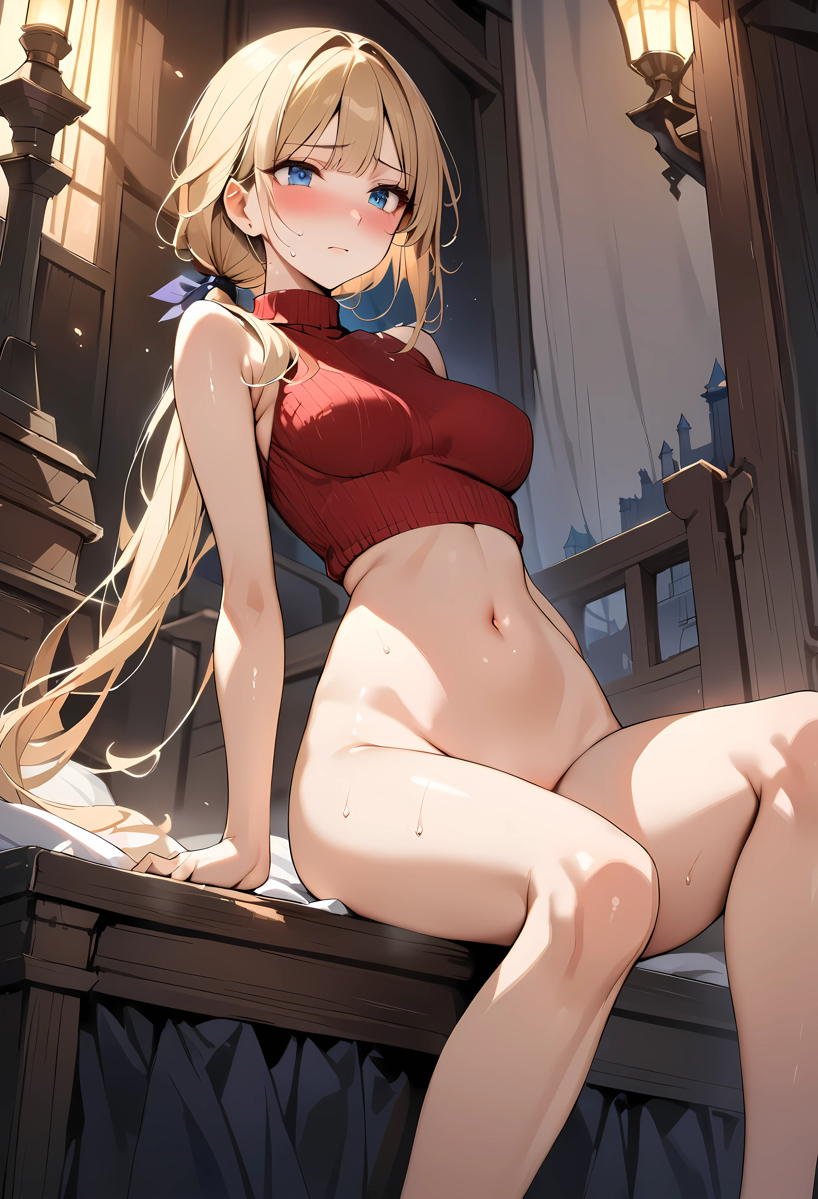 ((masterpiece,Highest quality:1.3,best quality illustration)),cowboy shot,1woman,(Mature Beauty),((very small head:1.4)),((ideal ratio body proportions:1.3)),blonde hair,(low ponytail),long hair,bangs,gorgeous eyes,Blue eyes,shy,(Red turtleneck knitwear、navel,White panties,bottomless),(slender body,skinny),medium breasts,gleaming skin,shiny skin,sweat,sitting,White bed sheets、Bedroom、Medieval European Castles、Sword and sorcery fantasy world、nsfw,