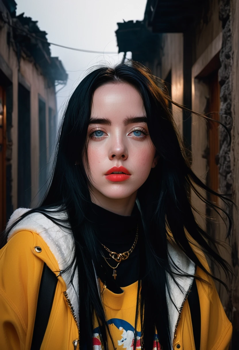billieeilish, 長いBlack Hair, Modern photography, (wearing large Edge PO pullover, Edge PO), (Wearing leggings), (Cowboy Shot), (35mm, debt/2.8) Photo debtocus, DOdebt, Aperture, Highly detailed and exquisite, character, Hypermaximalist, beautiful, reveal, Charm, Charm, Affectionate, Ultra-realistic, Very detailed, beautiful girl, ((Detailed eyes)), Long eyelashes, (Glossy Lips), Standing on a narrow dark road, Fog in the background, Pitch Black Night, Cloudy, alone、sad、Hopeless、Dark background、((Dark roads））、There is not a single streetlight、Really dark background、In the ruins,(((Black Hair)))