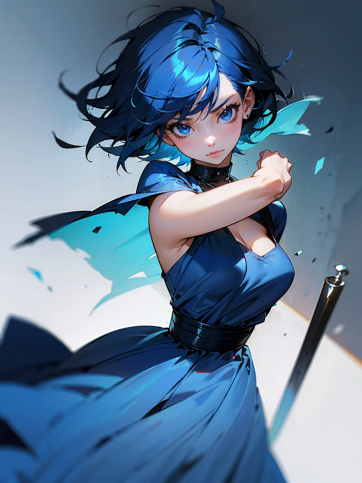 1female, blue hair, short hair, messy hair, beautiful, blue dress, serious, lip gloss