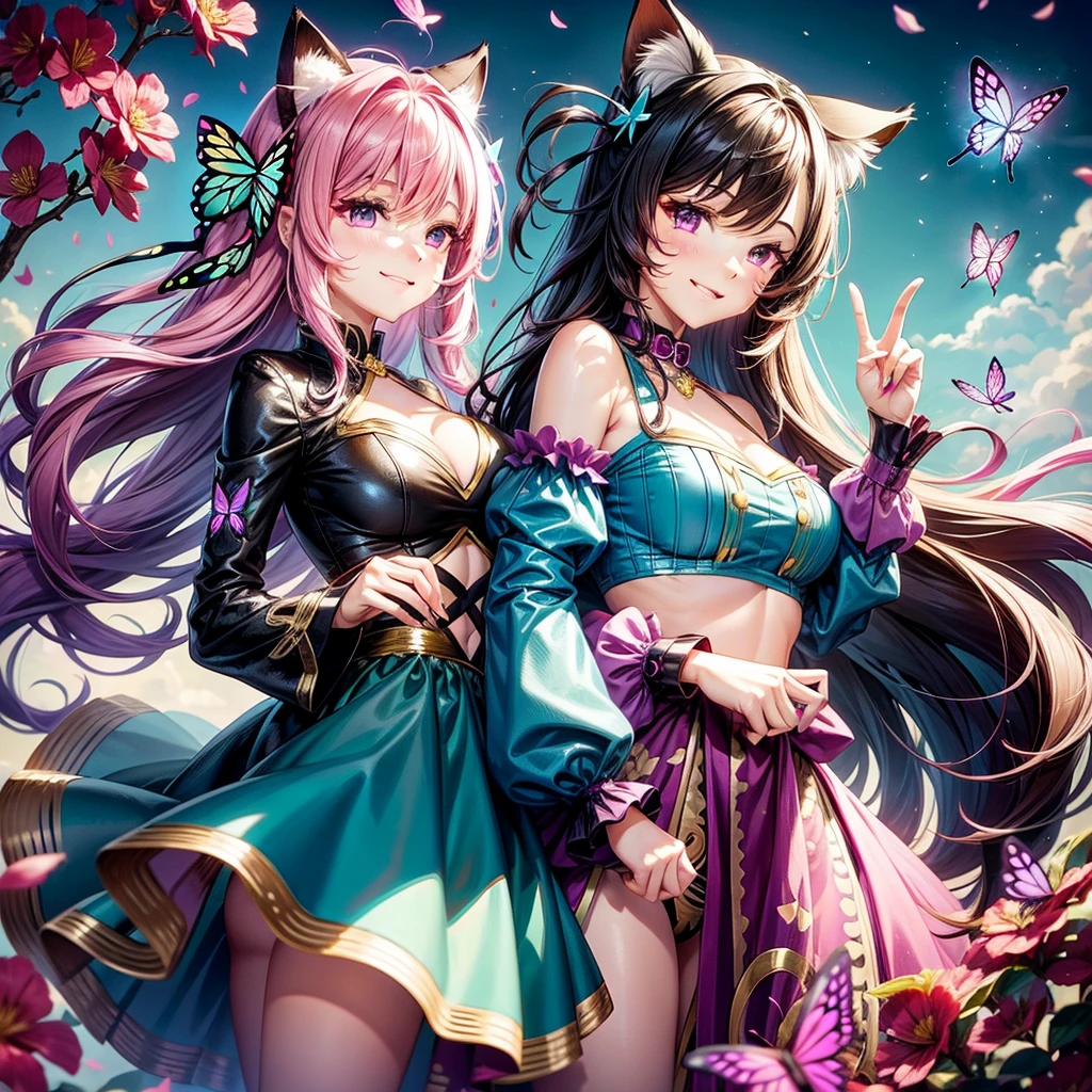 Magenta hair, hazel eyes, older woman, hair bows, cat ears, long hair, smiling face, sexy outfit, butterflies, teal and gold outfit, butterfly background, chest covered