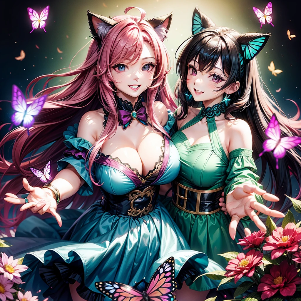 Magenta hair, hazel eyes, older woman, hair bows, cat ears, long hair, smiling face, sexy outfit, butterflies, teal and gold outfit, butterfly background, chest covered