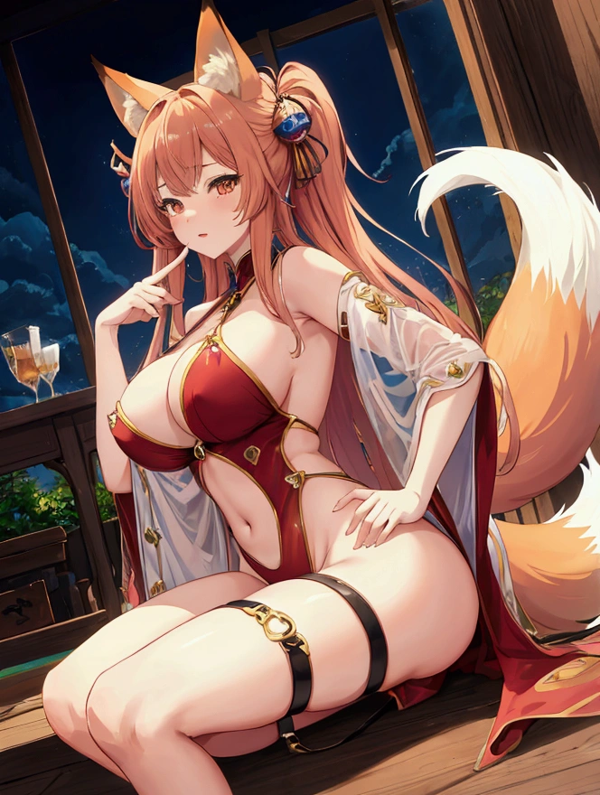Highest quality, masterpiece, Ultra-high resolution, female、Big Breasts、Fox Beastman、巫female、Kemomimi、tail、sit down