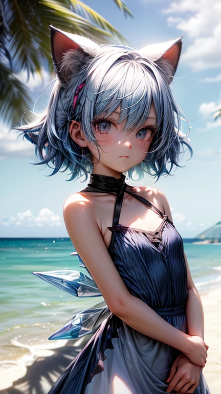 Ice Fairy,Cirno,Cat ear,mysterious,Ocean,beach,summer,Light blue dress,Pink ribbon on the chest,Blue Hair,sunlight,Ice feathers