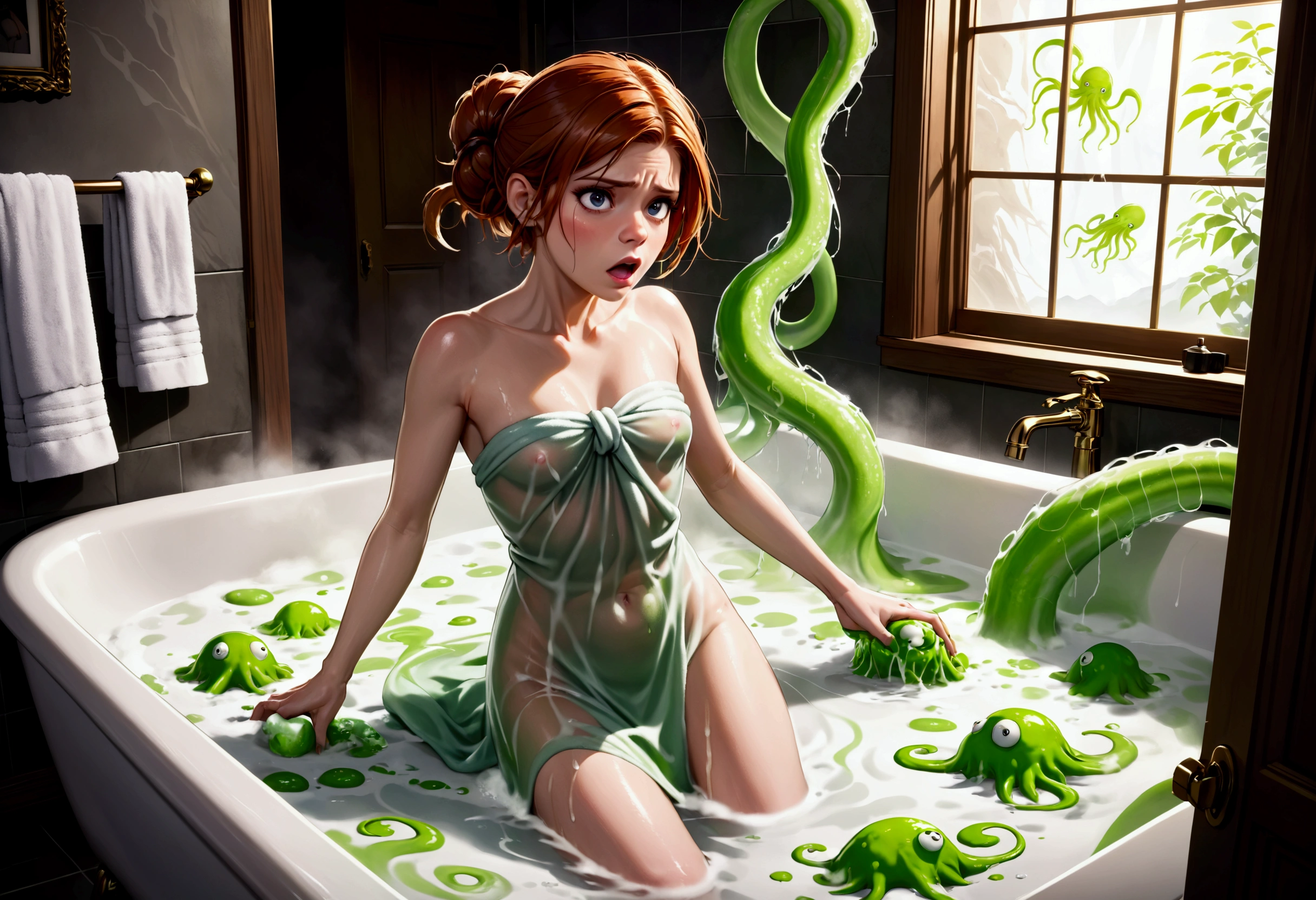 Kate Mara, age 25, dressed in a bath towel, is fleeing from her bathroom which is filling with translucent slime, movie monster C'Thulu and other eldritch tentacled beasts, flesh hungry monsters, damsel in distress