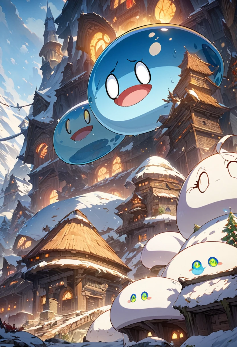 The arrival of winter. Snow-covered monster town. Japanese cartoon slime. High-quality cartoon character. Fantasy fictional creature. A light blue slime.(close up)  Clear and detailed animation.. 

                      ( Correct and perfect anatomy ) Ultra-detailed animation art Japanese anime fantasy illustrations, Beautiful artistic illustration  