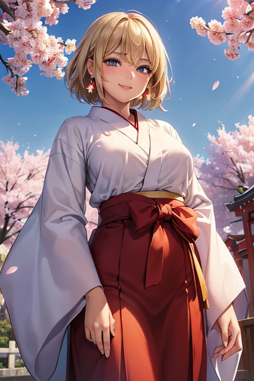 #Basics A girl is posing for a photo, animeのかわいい女の子, ((One Girl)), (((Baby Face:1.2)) + ((cute:1.3))),
break
#Clothing Accessories
((Shrine maiden costume) : (Long sleeve) + (Wide Sleep) + White Haori + (cherry blossomsの刺繍が施されている) + (Long crimson hakama skirt) + Hair ornament in the shape of a flower + ((伝統的な日本のshrineのShrine maiden costume))),
(Gold hoop earrings),
break
#Features
((Blonde)), (Chest-length sideburns), ((Pixie Cut Hair) : Very short hair + Fuller Hair + Voluminous Hair + Hair curled outside + Tied up with a red string ribbon)),
((Droopy eyes:1.4, Big eyes:1.2), blue eyes), (Small breasts),
break
#background environment
((noon, Sunshine + shrine + cherry blossoms)),
#Facial Expression Pose
((smile:1.5)), ((Are standing)),
#composition
((To the camera, Angle from below, Cowboy Shot)),
break
#Body parts elements
(Slim figure),
(Detailed Hair, Beautiful Hair, Shiny Hair),
(double eyelid, Long eyelashes),
(Expression of fine eyes, Beautiful and delicate eyes, Sparkling eyes, Eye Reflexes, Glitter Eyeliner),
(Human Ear),
(Beautiful Nose, Thin Nose),
(Glossy Lips, Beautiful Lips, Thick lips), (Symmetrical facial features),
(Detailed skin, Textured skin, Beautiful Skin, Oily skin),
break
#Quality Image Quality Common
(((Highest quality)), ((masterpiece)), ((Very detailed))), ((Ultra-high resolution)), ((16K, 1080P)), ((FHD)),
(Anatomically correct), (Realistic), (3DCG), (oil),
#Quality image illustration
((comics, anime)), CG illustration,
