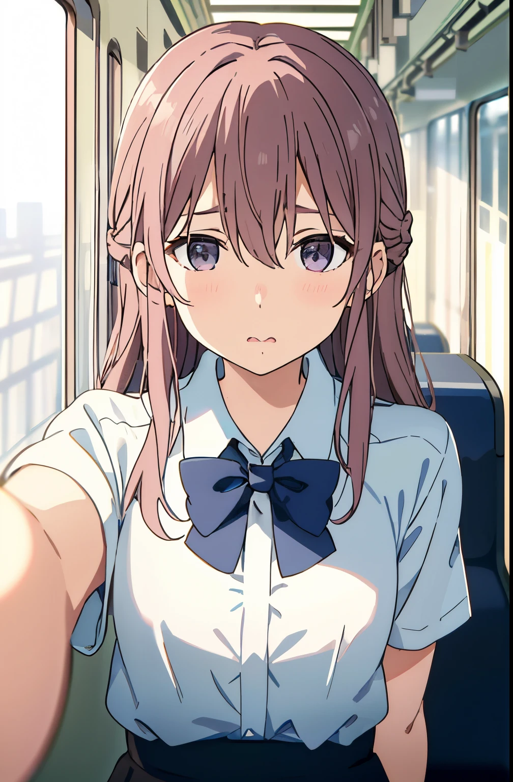 KOE NO KATACHI, shirt, One girl, collared shirt, Long Hair, Inside the train, white shirt, bow, Brown Hair, Short sleeve, Letterbox, bangs, alone, Mouth closed, In-person audience, Blurred, , blue bow, dress shirt, Upper Body, Depth of written boundary, Hair between the eyes, Blurred background, bowtie, Ground vehicles, indoor, ((masterpiece)) ,Selfie style, Shyness, shirtの前を開ける