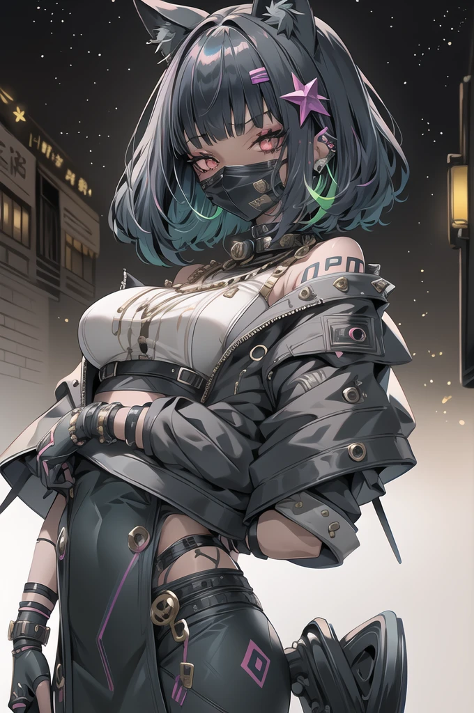 Goth_punk, One girl, robot, alone, Medium Shot, Walking around Harajuku, ((at night:1.2)), Bokeh, Neon Light, (Colorful background:1.2), Rainbow Eyes, Starry Sky, 白いShiny Hair, White eyebrows, Shiny Hair, (Iridescent white hair), Earrings, bangs, jewelry, mask, blunt bangs, Green Eyes, mouth mask, Blurred background, Blurred, hair ornaments, Looking at the audience, short hair, Portraiture, Side Lock,In a completely different expression。