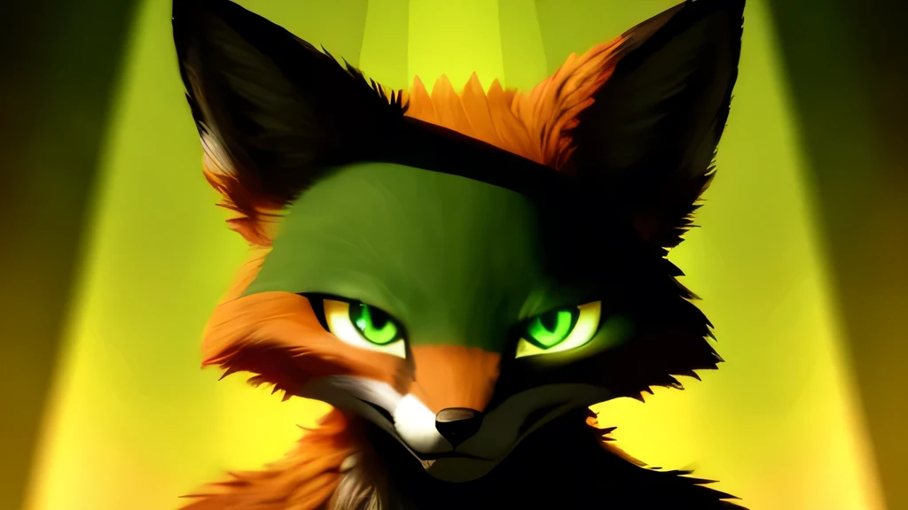 Fox logo, 4k resolution, huge 3d dimensions effect, high quality shadow effects, green bright shinny color, fox face:1.4, face look at viewer:1.4, bloody eye