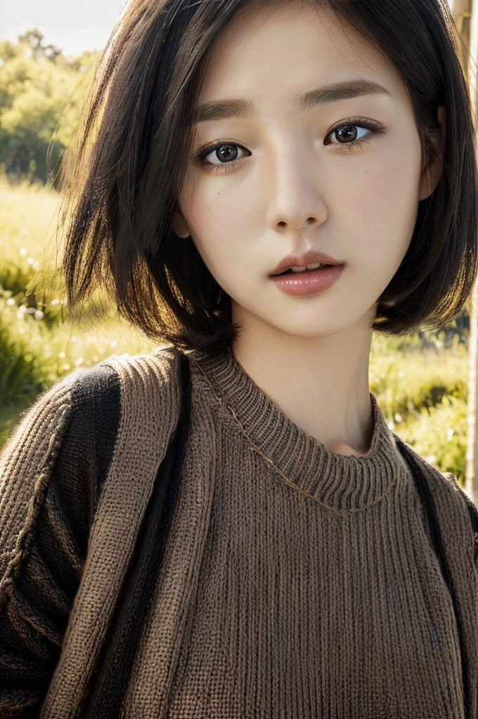 Masterpiece: 1.3), (8k, photorealistic, RAW photo, top quality: 1.4), (1girl), beautiful face, (realistic face), (black hair, short hair: 1.3), beautiful hairstyle, realistic eyes, beautiful detail eyes, (realistic skin), beautiful skin, (sweater), absurd, attractive, ultra high resolution, ultra realistic, high definition, golden ratio