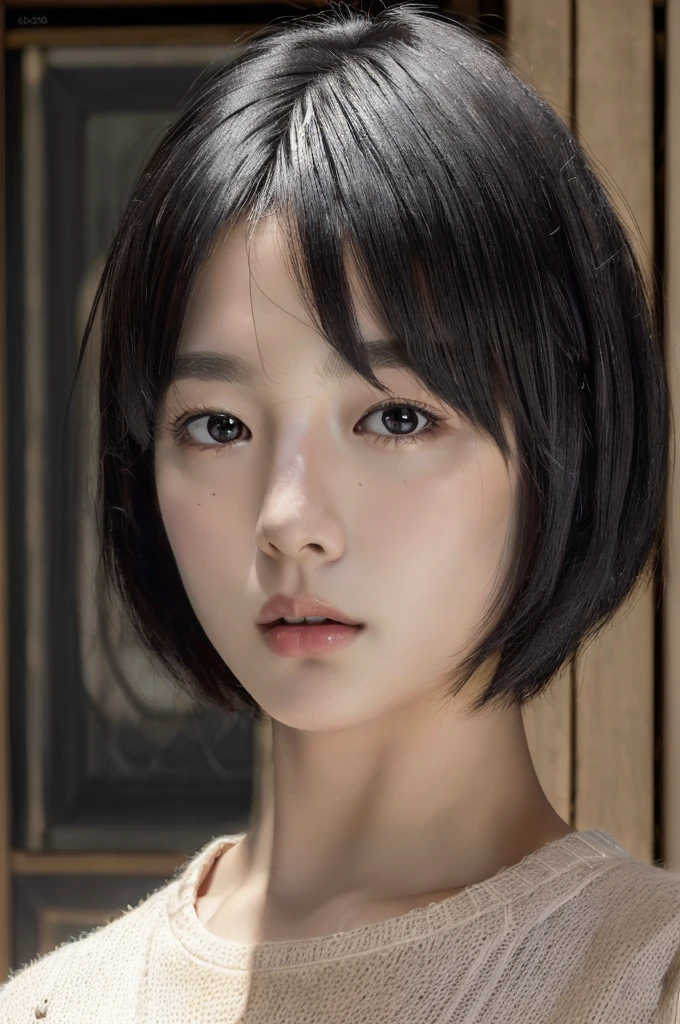 Masterpiece: 1.3), (8k, photorealistic, RAW photo, top quality: 1.4), (1girl), beautiful face, (realistic face), (black hair, short hair: 1.3), beautiful hairstyle, realistic eyes, beautiful detail eyes, (realistic skin), beautiful skin, (sweater), absurd, attractive, ultra high resolution, ultra realistic, high definition, golden ratio