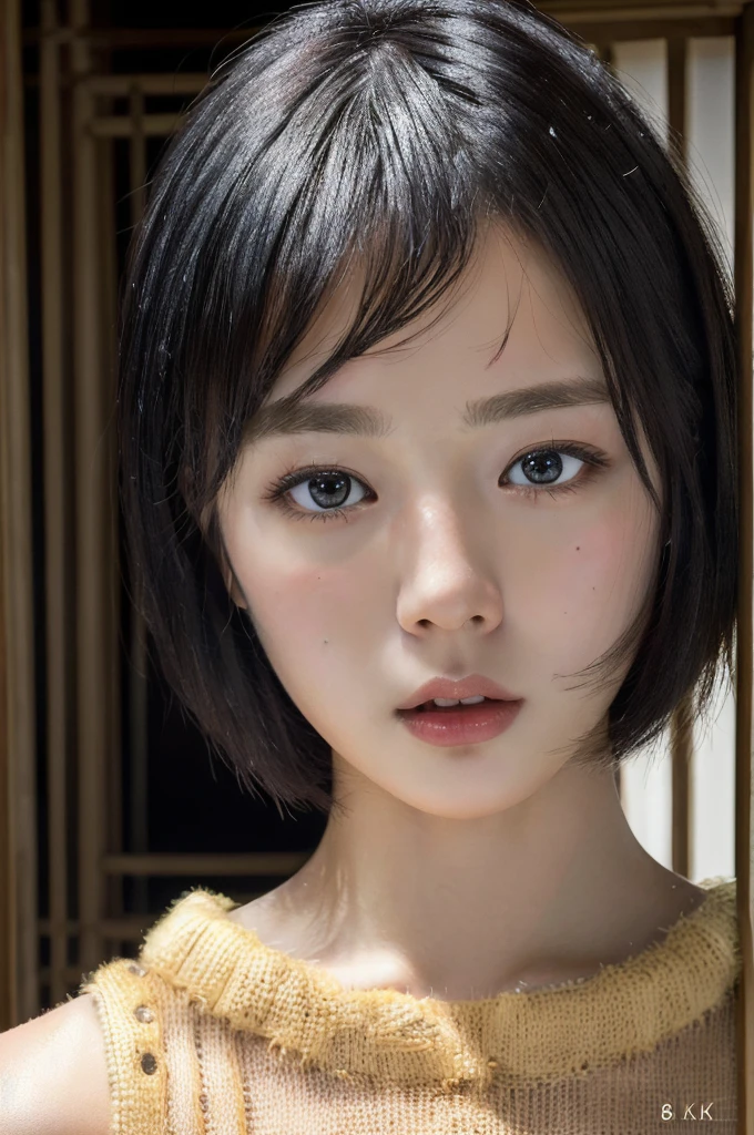 Masterpiece: 1.3), (8k, photorealistic, RAW photo, top quality: 1.4), (1girl), beautiful face, (realistic face), (black hair, short hair: 1.3), beautiful hairstyle, realistic eyes, beautiful detail eyes, (realistic skin), beautiful skin, (sweater), absurd, attractive, ultra high resolution, ultra realistic, high definition, golden ratio