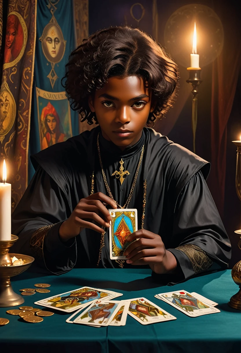 impressionism, practical, 1 young boy, fortune teller, Tarot cards on the table, black cloack，looking at the audience, darkskin, Mystery, magie, sheen, sheening, tenebrosa magie lighting, temperamental, film, spark, sparkling, tenebrosa