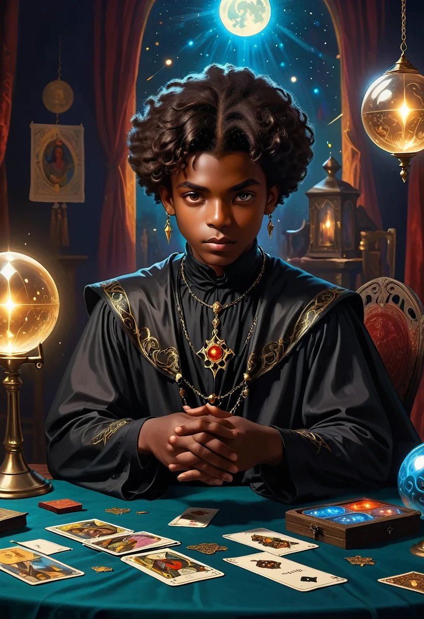 impressionism, practical, 1 young boy, fortune teller, Tarot cards on the table, black cloack，looking at the audience, darkskin, Mystery, magie, sheen, sheening, tenebrosa magie lighting, temperamental, film, spark, sparkling, tenebrosa