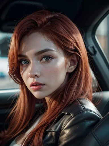 A sexy redhead car driver, photorealistic, detailed facial features, beautiful detailed eyes, beautiful detailed lips, extremely detailed skin, high quality, hyperrealistic, detailed engine, detailed interior, fast car, racing track, motion blur, cinematic lighting, vibrant colors, dramatic atmosphere