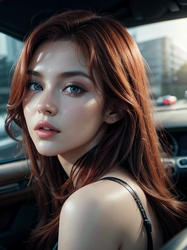 A sexy redhead car driver, photorealistic, detailed facial features, beautiful detailed eyes, beautiful detailed lips, extremely detailed skin, high quality, hyperrealistic, detailed engine, detailed interior, fast car, racing track, motion blur, cinematic lighting, vibrant colors, dramatic atmosphere