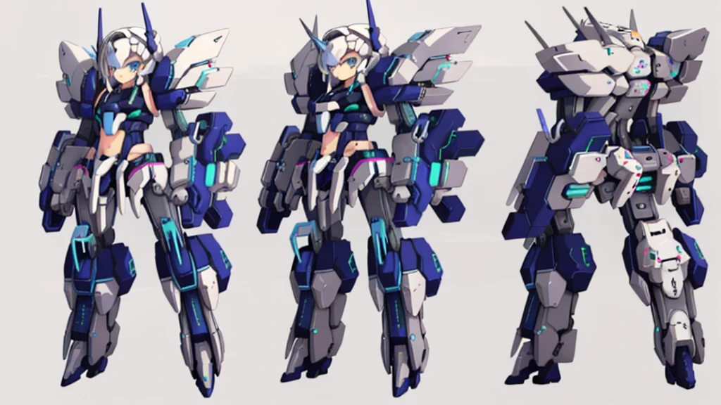 ((Masterpiece, highest quality)), detailed face, character sheet, Full body, 1girl, High quality,Best quality,Ultra-detailed,high resolution,full of details, multiple poses and expressions, highly detailed, many parts,((three sided view, front view, side view, back view, full body,simple background, gray background,multiple views,highres)), illustration, charturnbetalora, concept art, character concept art, vivid color, 1girl, mecha girl, ((mecha_wings)), white armor, navel, blue_eyes, mecha musume, white_hair, headgear, breasts, standing