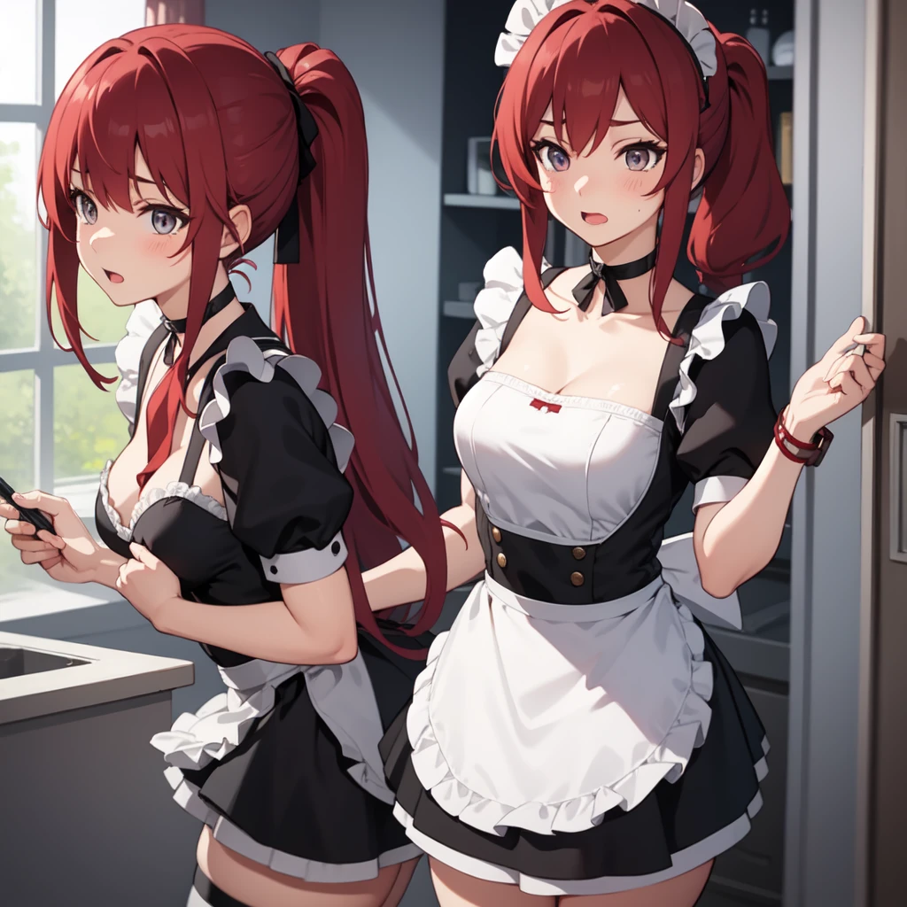 {{{{[[[[>>>]]]]}}}}, [[[[[[1 woman]]]]]] {{{ponytail hair}}}, long hair, red hair, gray eyes animation, Breasts slightly larger, choker, shy, maid uniform, short skirt, gatherbelt, very detailed, 8k