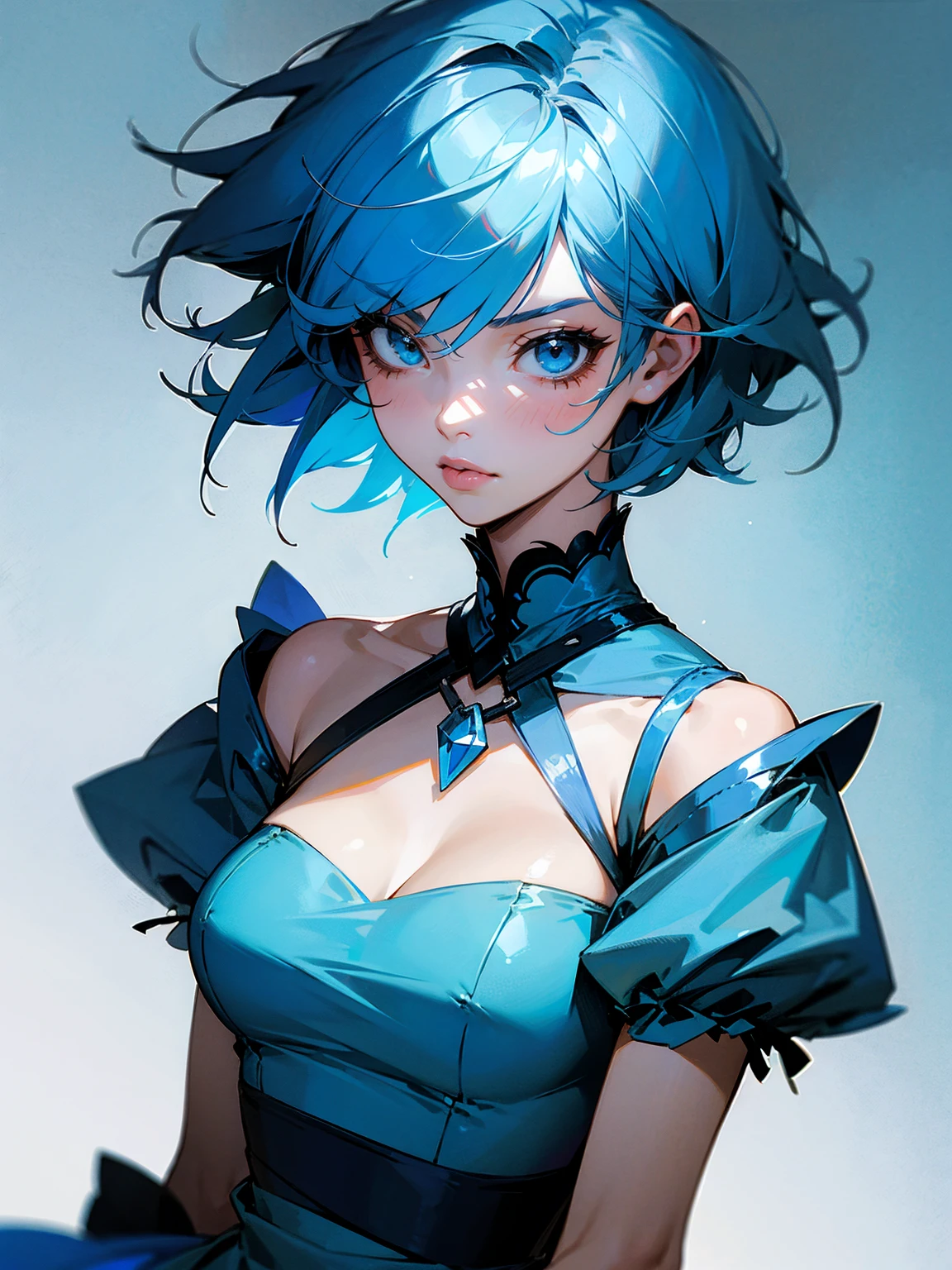 1female, adult, sky blue hair, short hair, messy hair, beautiful, blue dress, serious, lip gloss
