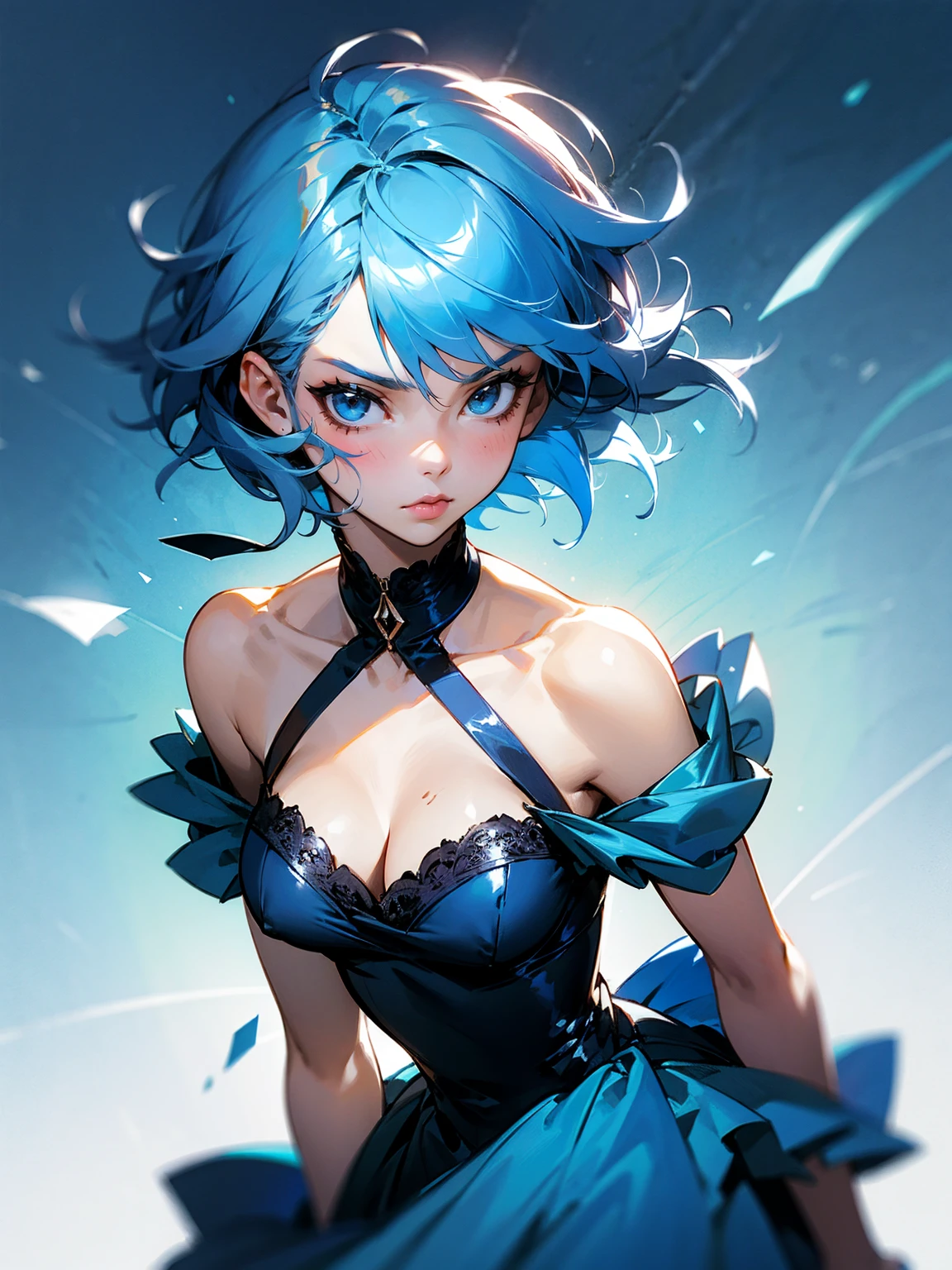 1female, adult, sky blue hair, short hair, messy hair, beautiful, blue dress, serious, lip gloss