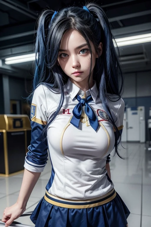 Create a new girl in my hero academia with a reserved and serious personality, hair between blue and white, kind but determined golden eyes, with the UA uniform and his hero suit, His gift will be blood manipulation.