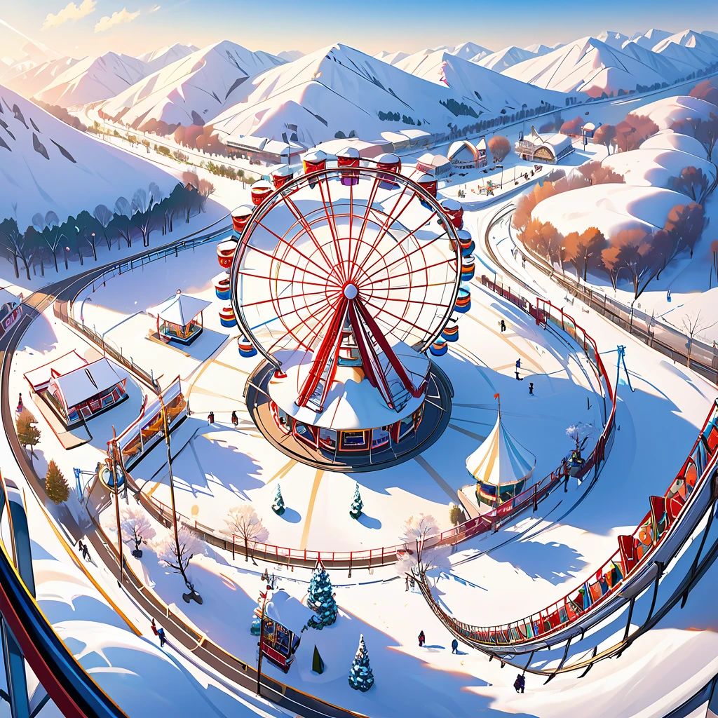 Amusement park, view from the top gondola of the Ferris wheel, winter season,