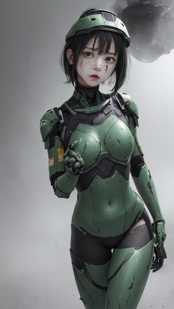 Rough skin, Very detailed, Advanced Details, high quality, 最high quality, High resolution, 1080P 、Bleeding from the wound、Sexy Eyes、Wearing green and black、cute((My whole body is sweating))(Equipped with a damaged battle suit....)(Dark green armor)(Broken Armor)Black Hair、Chiquita、short hair、Open your mouth、Painful expression、It hurts again、Healthy Skin、20-year-old women　　(Steam coming out of the face) ((Steam coming out of the body)) 　Unable to fight　Severe seizures　Only the eye area of the full-face helmet was damaged...　Real Face　freckles　Don&#39;Don&#39;Don&#39;t expose your skin　Full body portrait