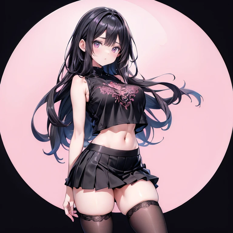 Anime Kawaii sexy Perfect Slim sensual body large breast and huge thighs, An intricate and highly detailed illustration of anime (Young girl). a beautiful girl with long black hair, wearing a black sleeveless crop top and a pink skirt, standing alone and divided, detailed facial features, intricate clothing, realistic, photorealistic, ultra-detailed, masterpiece, 8k, high quality, digital art