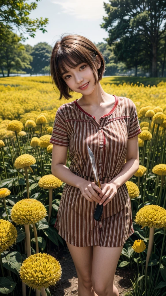 Red Eyes, girl, Holding a knife, Chartreuse striped shirt,Thicker stripes, Red Eyes闪着红光, Head tilt, Brown short hair mushroom head, With a big smile on your face, Chara, 2D, Standing among golden flowers,There is a beam of light overhead