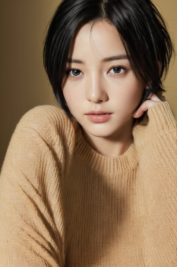 Masterpiece: 1.3), (8k, photorealistic, RAW photo, top quality: 1.4), (1girl), beautiful face, (realistic face), (black hair, short hair: 1.3), beautiful hairstyle, realistic eyes, beautiful detail eyes, (realistic skin), beautiful skin, (sweater), absurd, attractive, ultra high resolution, ultra realistic, high definition, golden ratio