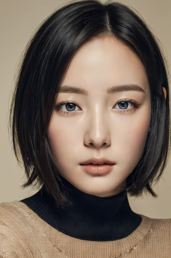 Masterpiece: 1.3), (8k, photorealistic, RAW photo, top quality: 1.4), (1girl), beautiful face, (realistic face), (black hair, short hair: 1.3), beautiful hairstyle, realistic eyes, beautiful detail eyes, (realistic skin), beautiful skin, (sweater), absurd, attractive, ultra high resolution, ultra realistic, high definition, golden ratio