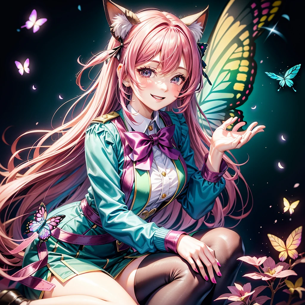 Magenta hair, hazel eyes, older woman, hair bows, cat ears, long hair, smiling face, outfit, butterflies, teal and gold outfit, butterfly background, uniform outfit 