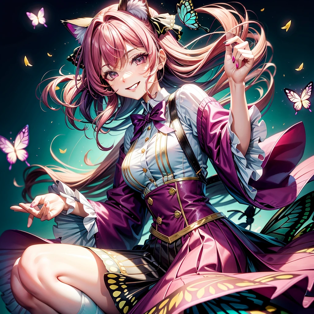 Magenta hair, hazel eyes, older woman, hair bows, cat ears, long hair, smiling face, outfit, butterflies, teal and gold outfit, butterfly background, uniform outfit 
