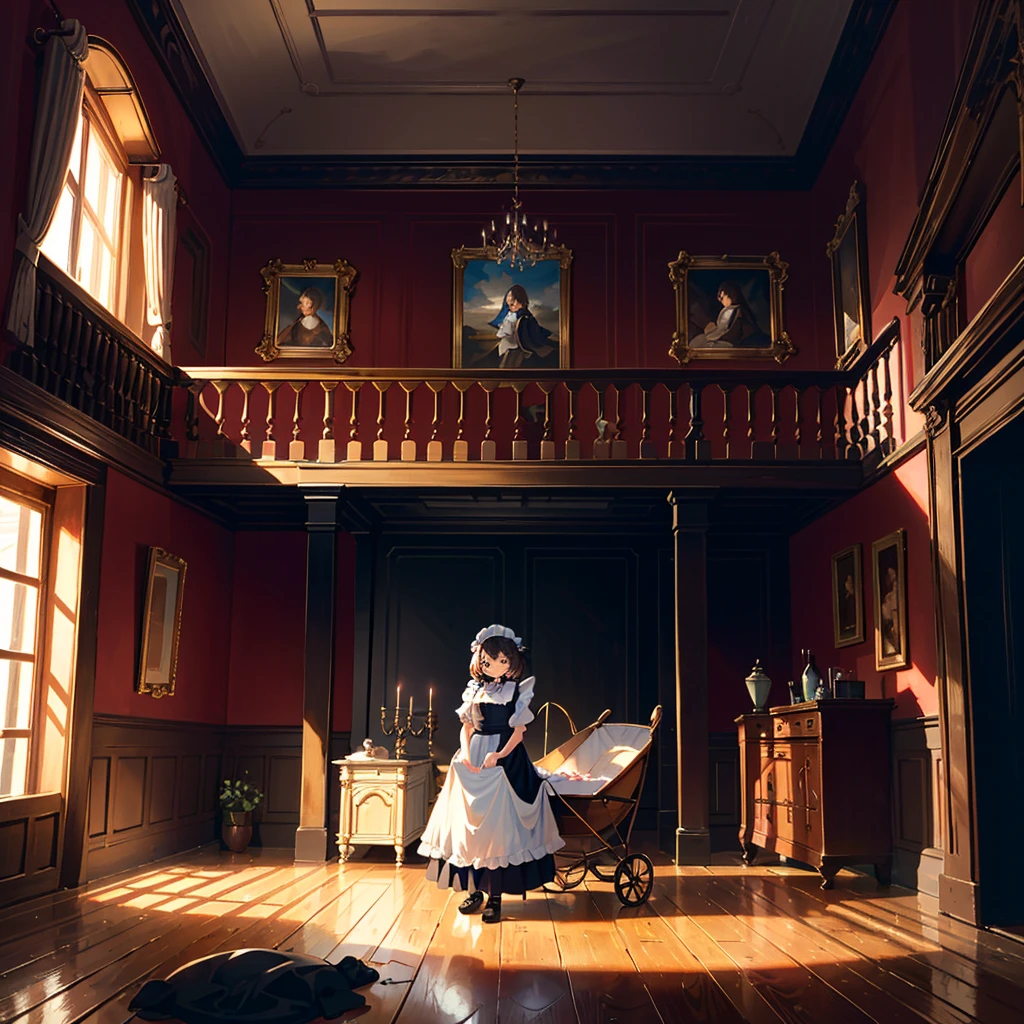 {{{Masterpiece, highest quality, high resolution background}}}, bright and beautiful atmosphere, 3 girls (, 1 short-tempered round face), 1 (hair, surface effects), small breasts, fireplace A country Room, girl dressed as a maid, kitten in a cradle, "deltamon_sdXL :0.73) >Deltamon"