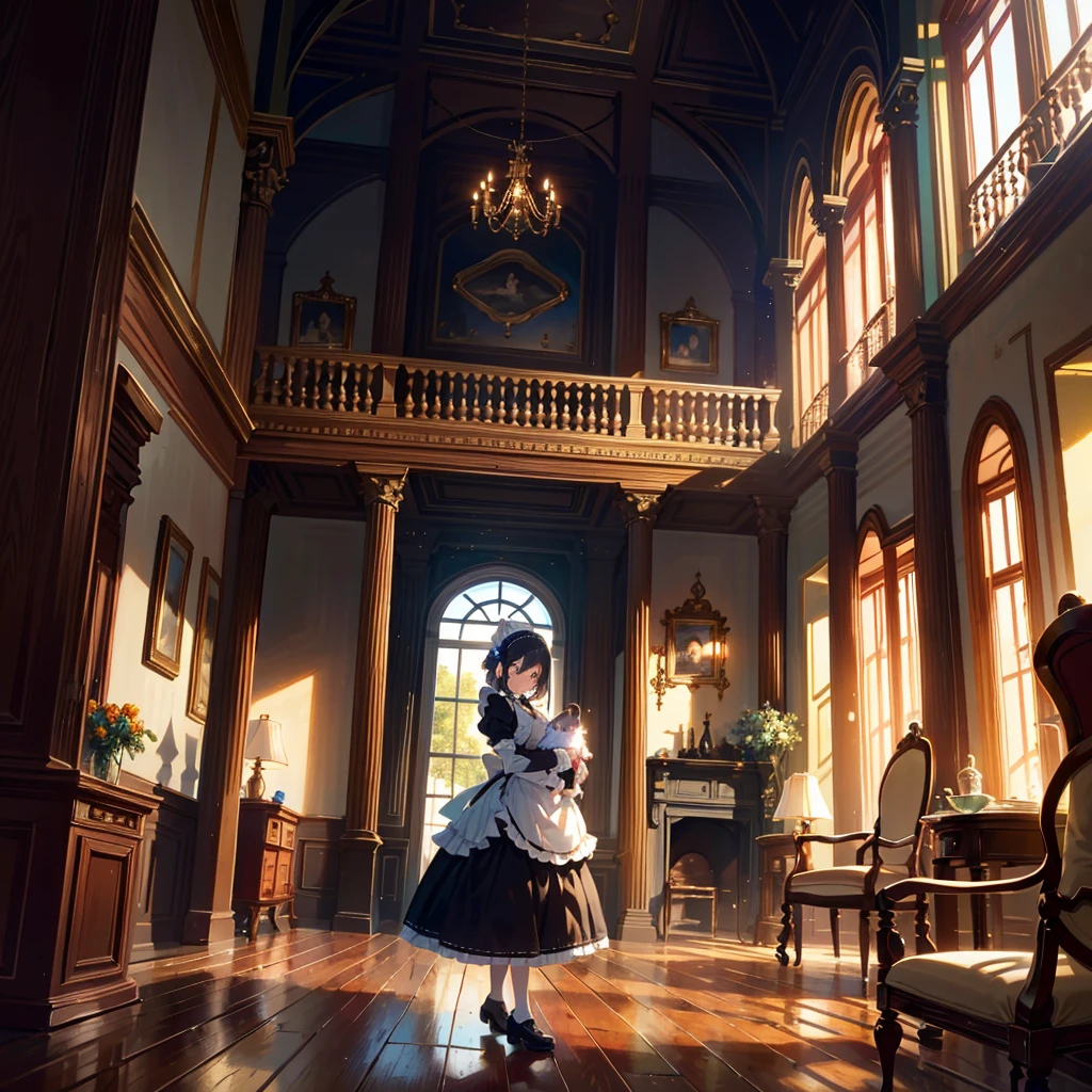 {{{Masterpiece, highest quality, high resolution background}}}, bright and beautiful atmosphere, 3 girls (2 years old, 1 short-tempered round face), 1 (hair, surface effects), small breasts, fireplace A country Room, girl dressed as a maid, kitten in a cradle, "deltamon_sdXL :0.73) >Deltamon"