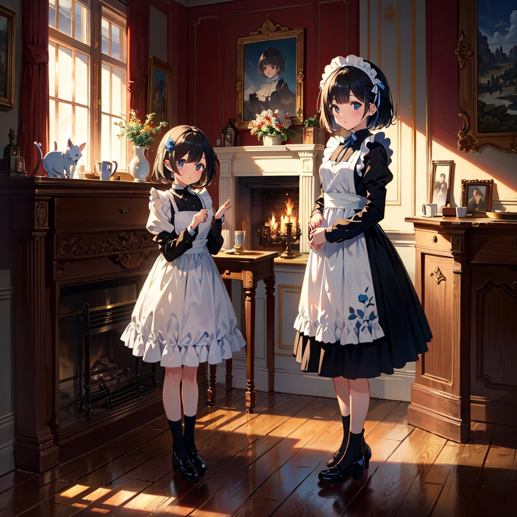 {{{Masterpiece, highest quality, high resolution background}}}, bright and beautiful atmosphere, 3 girls (2 years old, 1 short-tempered round face), 1 (hair, surface effects), small breasts, fireplace A country Room, girl dressed as a maid, kitten in a cradle, "deltamon_sdXL :0.73) >Deltamon"