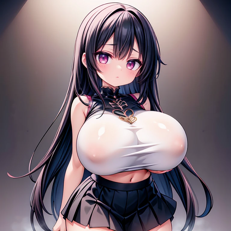 Anime Kawaii sexy Perfect Slim sensual body large breast and huge thighs, An intricate and highly detailed illustration of anime (Young girl). a beautiful girl with long black hair, wearing a black sleeveless crop top and a pink skirt, standing alone and divided, detailed facial features, intricate clothing, realistic, photorealistic, ultra-detailed, masterpiece, 8k, high quality, digital art