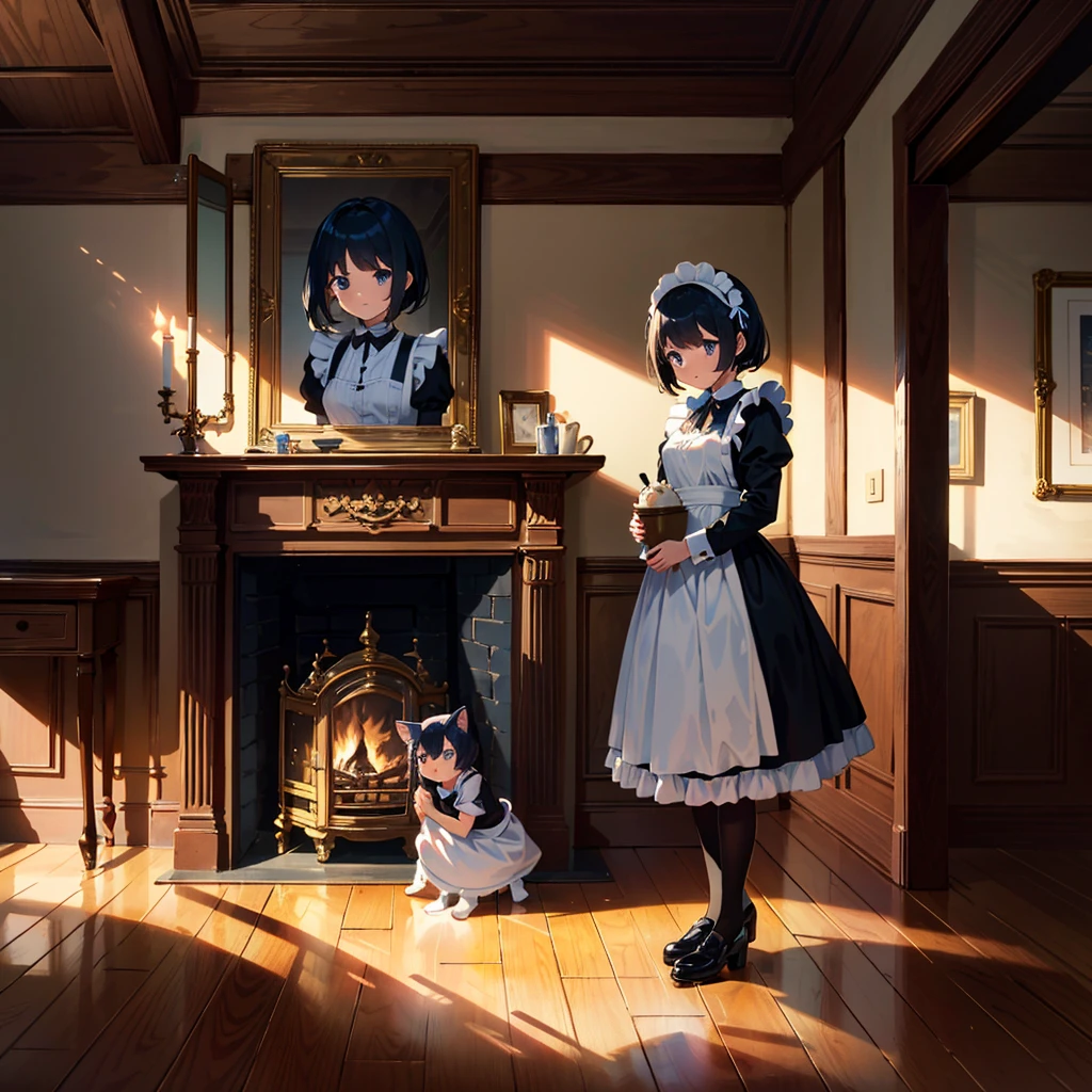 {{{Masterpiece, highest quality, high resolution background}}}, bright and beautiful atmosphere, 3 girls (2 , 1 short-tempered round face), 1  (hair, surface effects), small breasts, fireplace A country Room, girl dressed as a maid, kitten in a cradle, "deltamon_sdXL :0.73) >Deltamon"