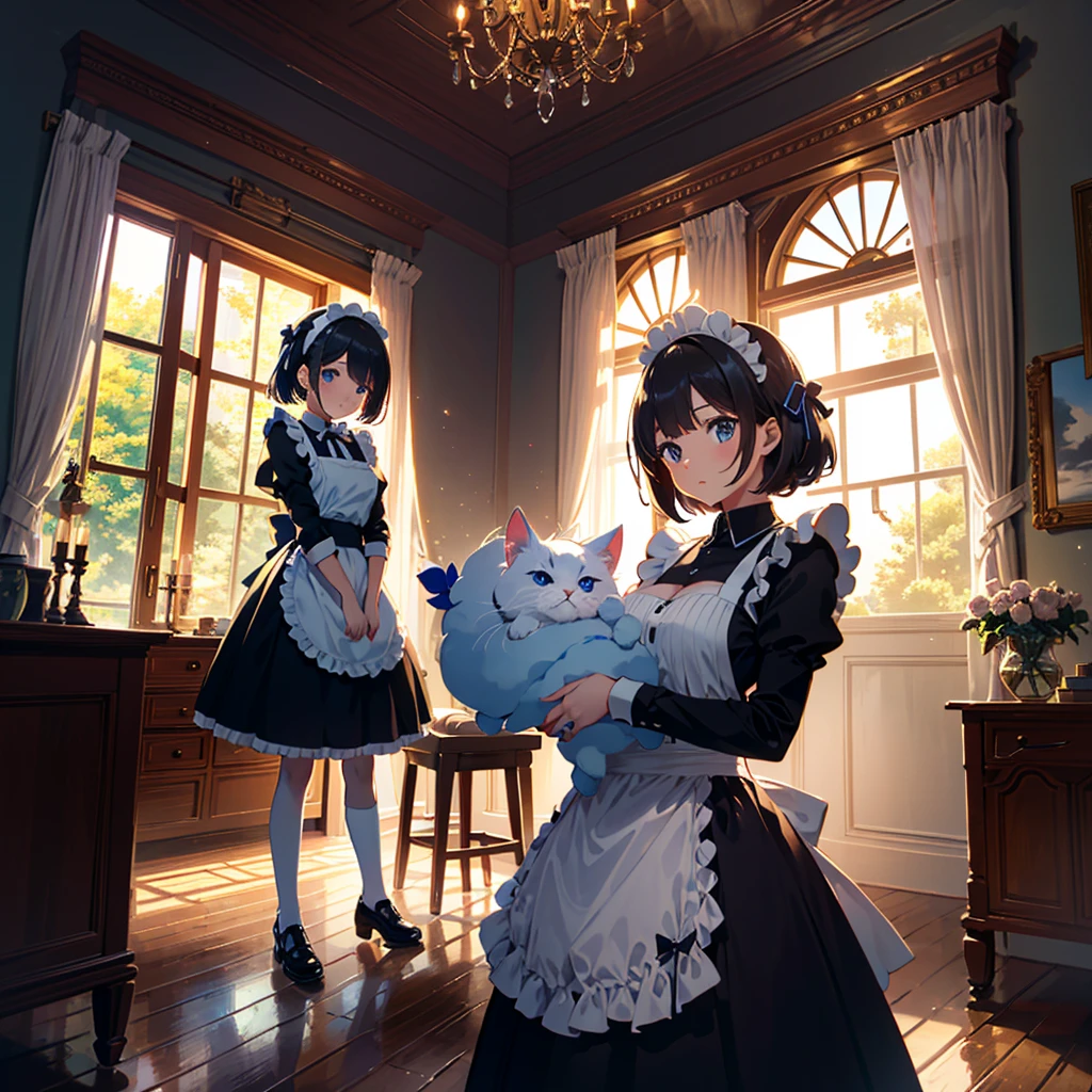 {{{Masterpiece, highest quality, high resolution background}}}, bright and beautiful atmosphere, 3 girls (, 1 short-tempered round face), 1 (hair, surface effects), small breasts, fireplace A country Room, girl dressed as a maid, kitten in a cradle, "deltamon_sdXL :0.73) >Deltamon"