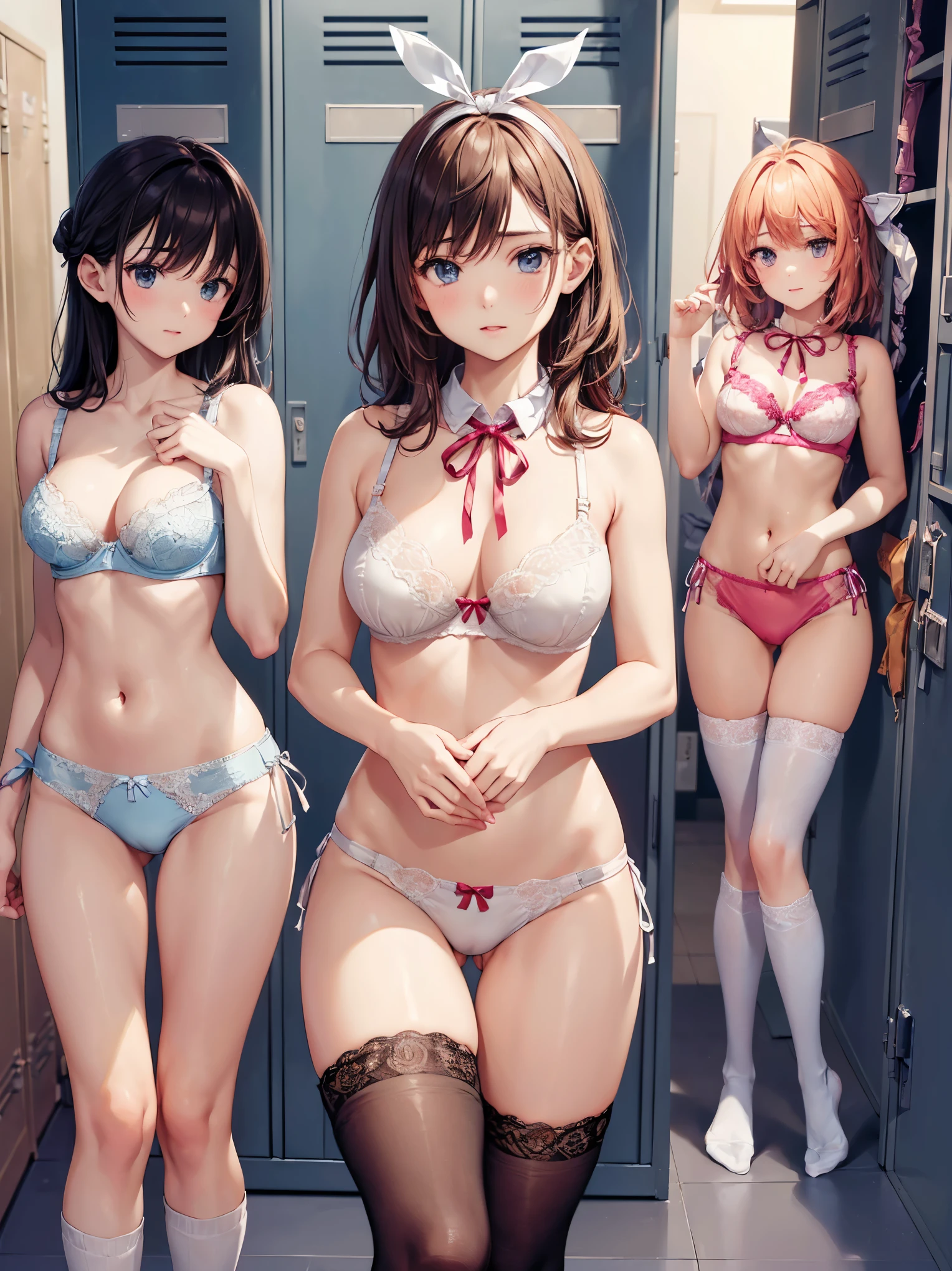(((masterpiece, Highest quality, High resolution, 超High resolution, Perfect Pixel, Depth of written boundary, 4K, RTTX 10.0))), Beautiful Anime Woman, Beautiful art style, Anime characters, ((Smooth texture, Realistic texture, Anime CG Style)), Exact finger count、Exact number of legs、(Exact number of arms:1.0, Exact number of hands:1.0), (Perfect hands, Perfect Anatomy), Cinematic, Realistic, Extremely detailed CG, Daytime lighting, Perfect lighting, Best Shadow, The best natural light, whole body, Perfect body, バランのとれたPerfect body, Perfectly balanced style, (Slender body:1.2), Small face, ((bangs, Various hairstyles, Stylish hairstyle)), ((Three pretty adult women are changing clothes in lockers in a changing room, facing different directions:1.8)), ((Sexy and cute white underwear, Sexy and cute light blue underwear, Sexy and cute pink underwear, vivid colored underwears:1.3), (Stylish shiny satin panties, Side-tie panties, Panties with a plain center and lace decoration on the sides:1.3), (Thin panties with ribbon:1.3), (Micro Satin Bra, Lace-trimmed bra, Thin bra with ribbon:1.3), (Knee socks:1.3):1.3), (Beautiful big boobs:1.1), (School changing room, locker room:1.5), naked, In underwear, whole body, All three are the same height, Accurate perspective, Not aware of this