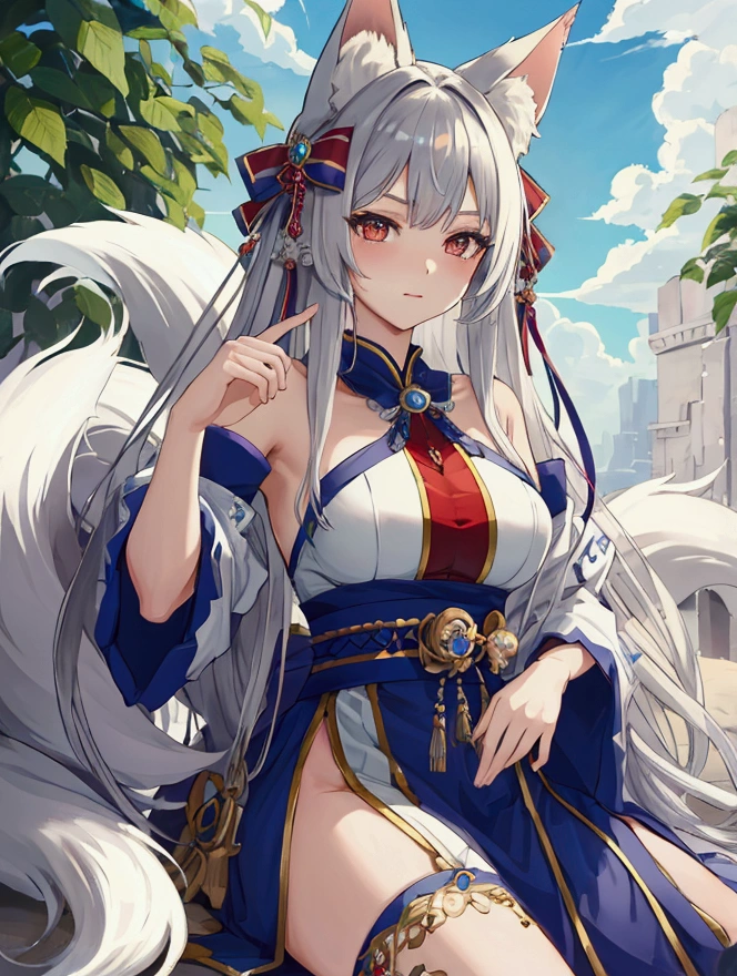 Highest quality, masterpiece, Ultra-high resolution, female、Big Breasts、Fox Beastman、fellow、Kemomimi、tail、Easygoing、Silver Hair、valley、Casual Dress