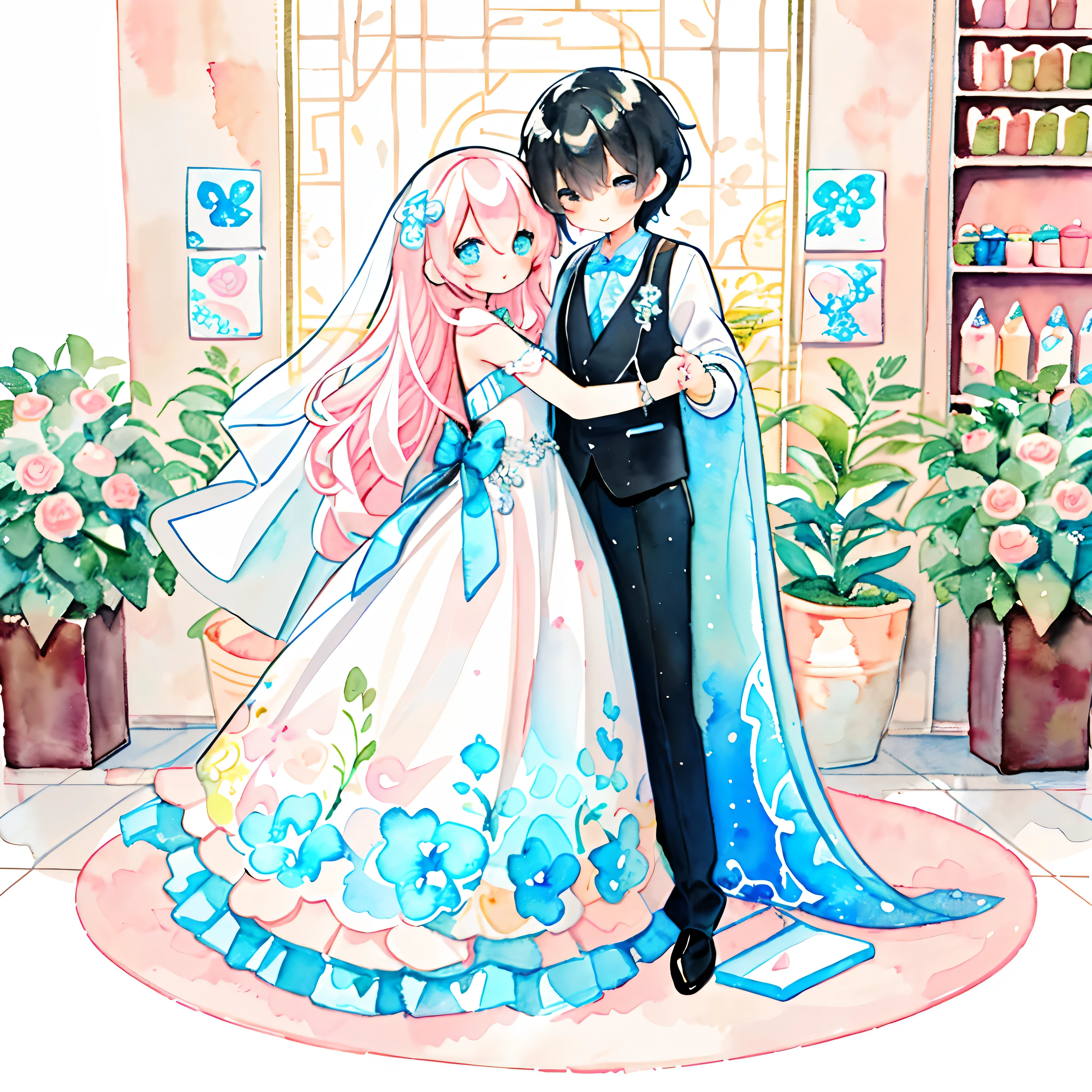 (PastelColors:1.5)、(Cute illustration:1.5)、(watercolor paiting:1.2)、hair between eye、Dance hall、girl with、full body Esbian、facing front、weddingdress、wedding、bride、chies、blanche、Blue carpet、with a white bouquet、happiness、kirakira、smil、Looks fun、