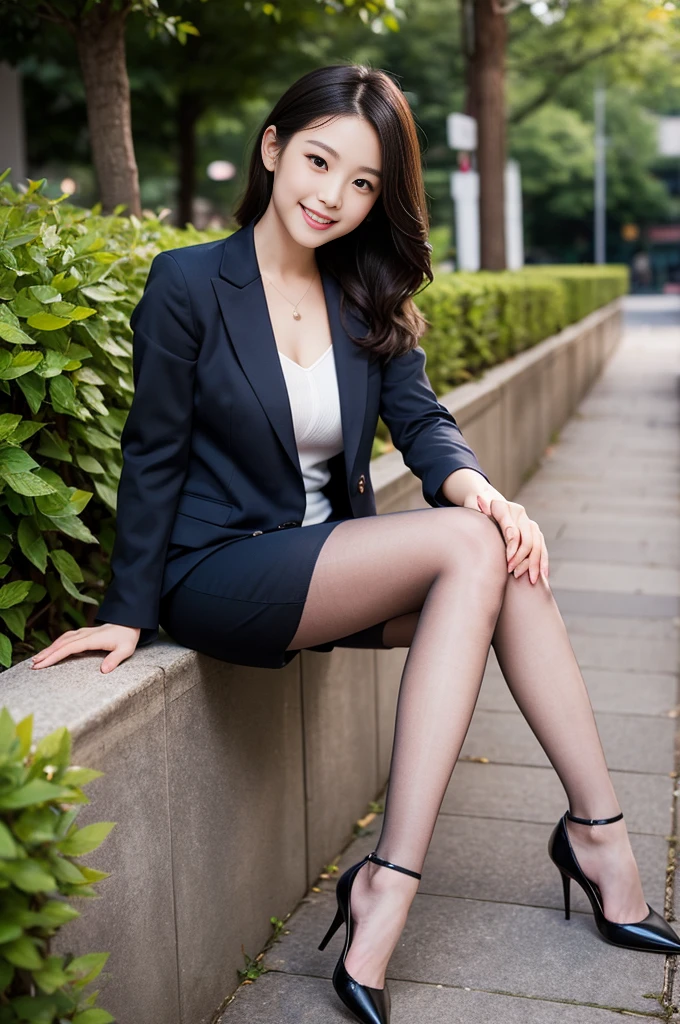 (Only one person), Pure Young Japanese girl, sexual attractive, wearing formal business suits, high heels, formal makeup, formal Hairstyles, sweet smile, natural body, beautiful legs, (pantyhose), sitting, dazzling sunlight, Professional Portrait Photography、