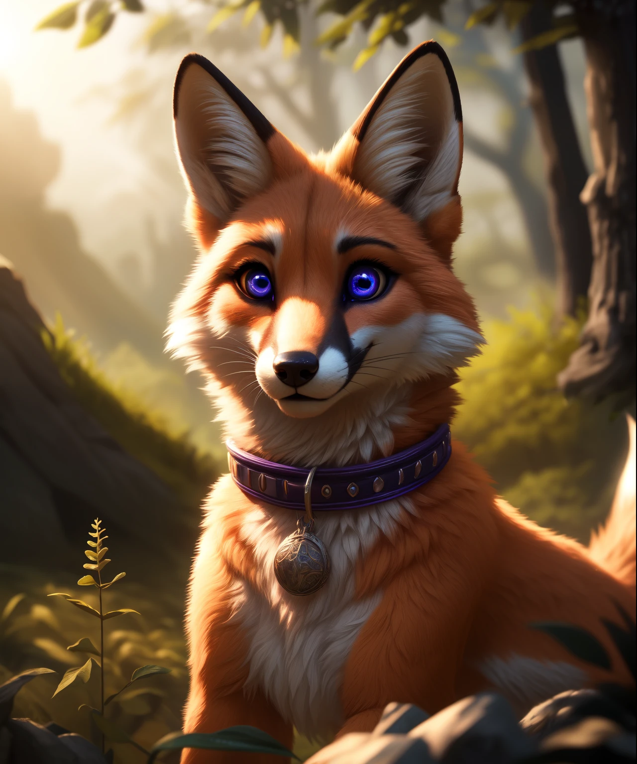 a cute female feral fox, beautiful, elegant, purple collar, glowing, masterpiece, best quality, ultra high res, visually stunning, detailed eyes, detailed face, detailed fur, photorealistic, cinematic lighting, natural environment, intricate details, hyper realistic, vibrant colors, volumetric lighting, depth of field, cinematic composition