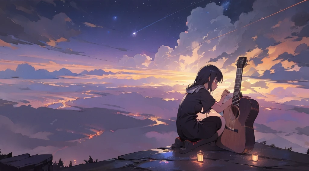 masterpiece,night,(dark alley),star、Night Sky、Overlooking the city、milky way、Back view、octone、
(1 girl), (solo), Knee hugging sitting,acousticguitar