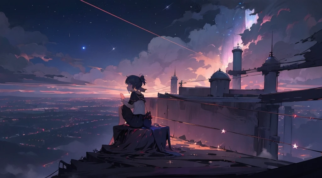 masterpiece,night,(dark alley),star、Night Sky、Overlooking the city、milky way、Back view、octone、
(1 girl), (solo), Knee hugging sitting，acousticguitar