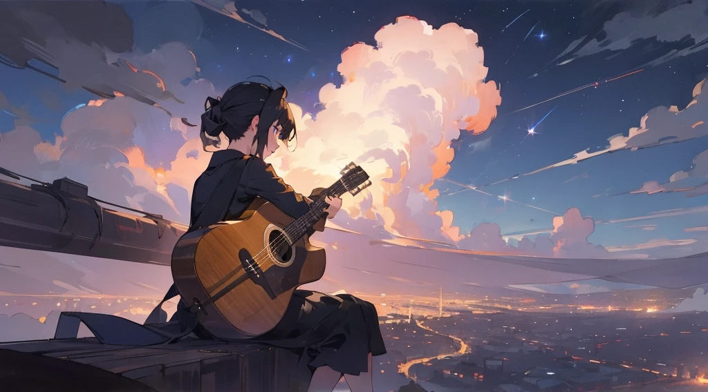 masterpiece,night,(dark alley),star、Night Sky、Overlooking the city、milky way、Back view、octone、
(1 girl), (solo), Knee hugging sitting,acousticguitar