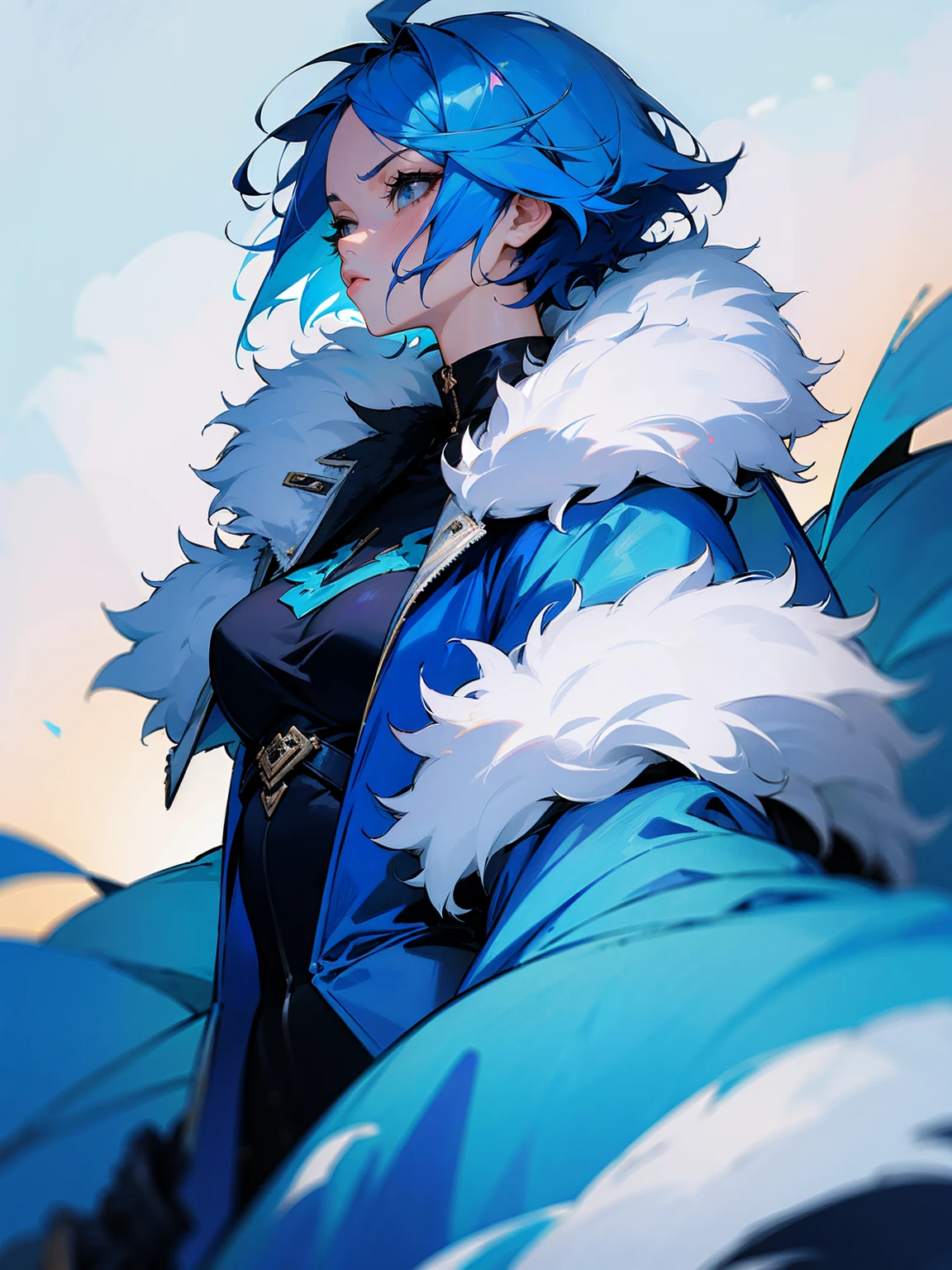 1female, adult, sky blue hair, short hair, messy hair, beautiful, blue dress, serious, lip gloss, fur coat