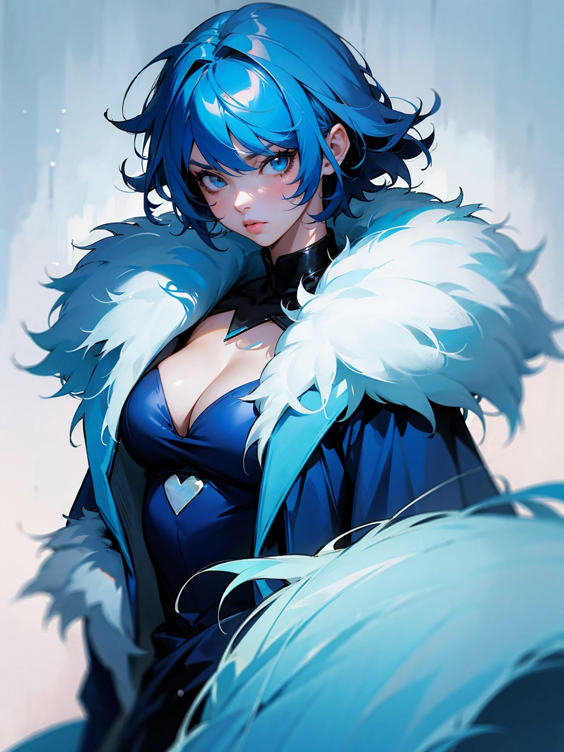 1female, adult, sky blue hair, short hair, messy hair, beautiful, blue dress, serious, lip gloss, fur coat