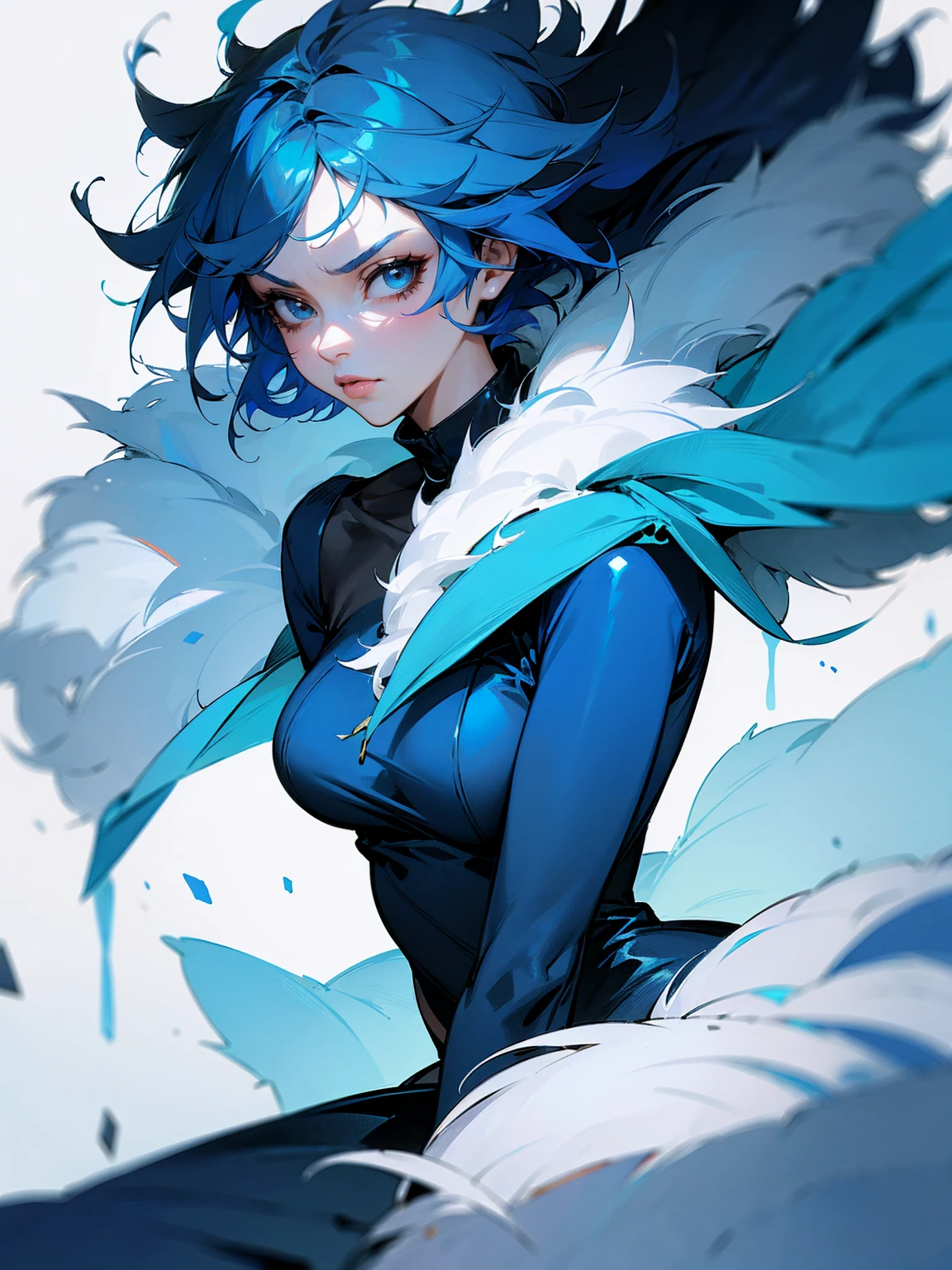 1female, adult, sky blue hair, short hair, messy hair, beautiful, blue dress, serious, lip gloss, fur coat